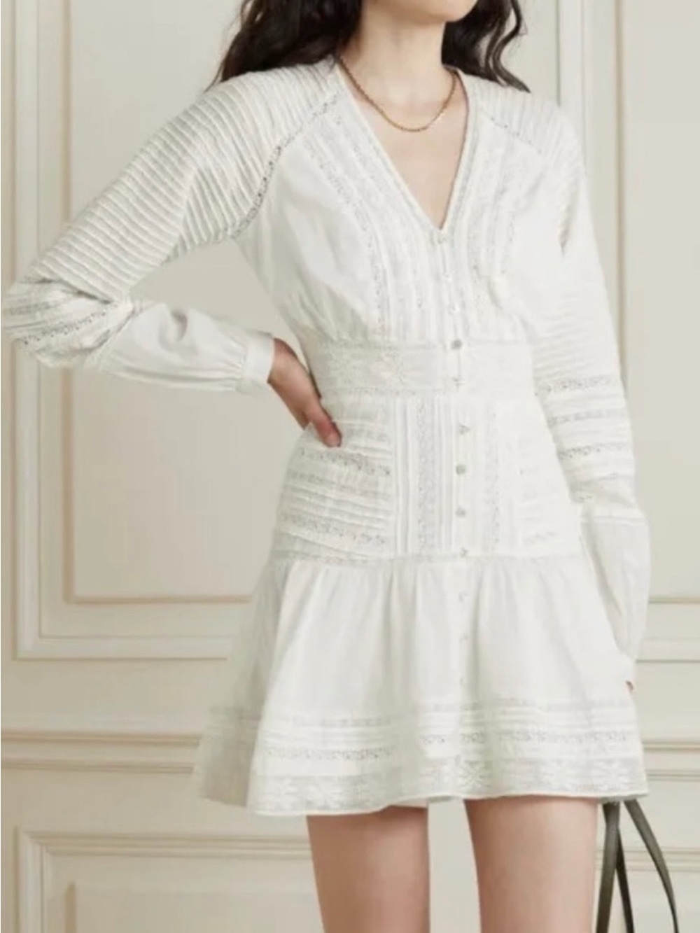 Veronica Beard Cream Long-Sleeve Lace-Trim Mini Dress